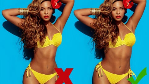 Beyonce en una campa&ntilde;a de ropa, antes y despu&eacute;s de pasar por Photoshop.