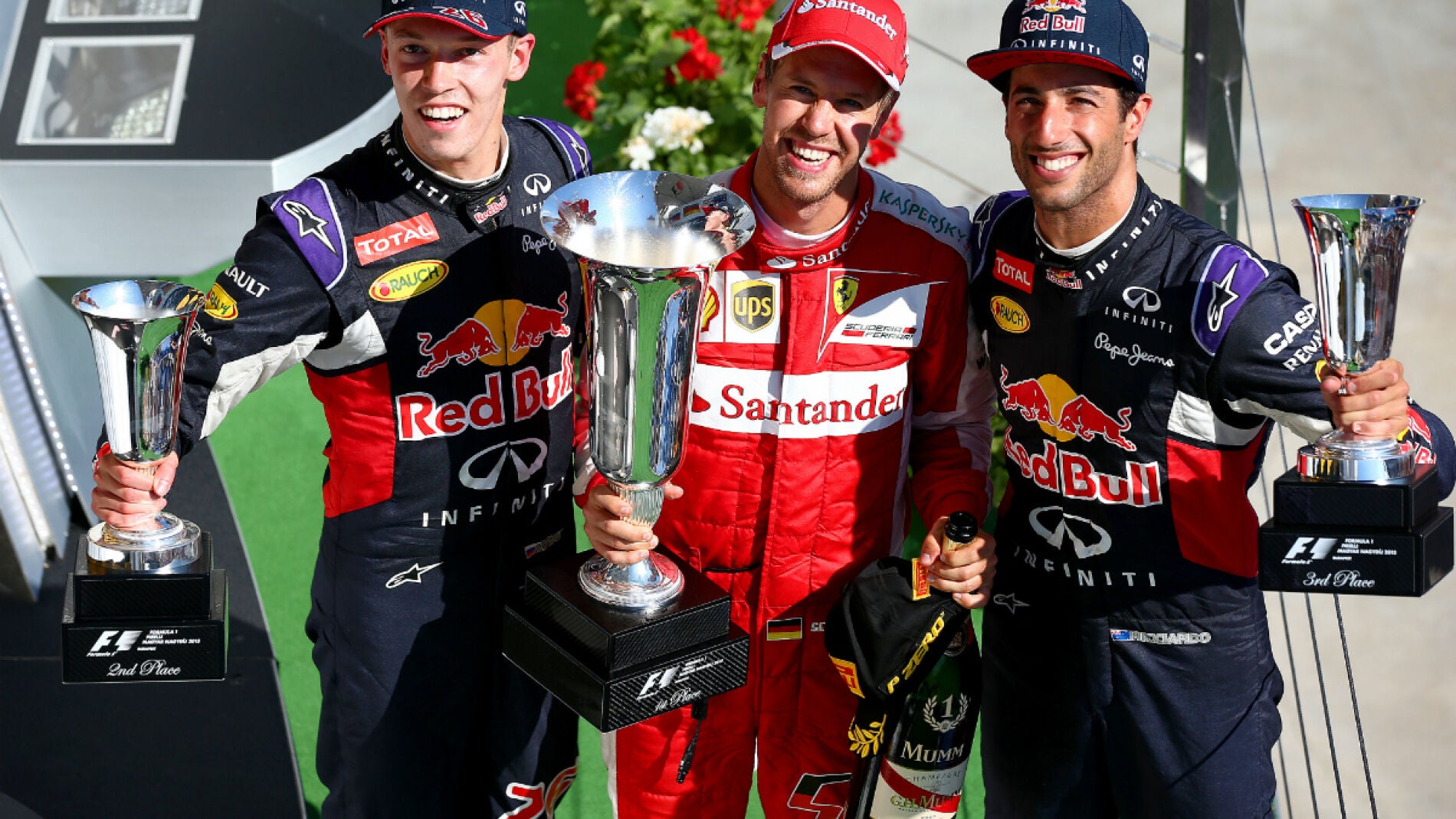 Kvyat, Vettel y Ricciardo, el podio de Hungr&iacute;a