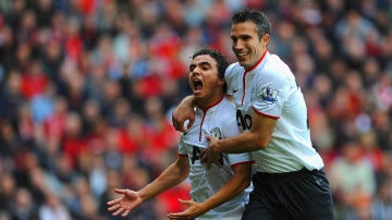Rafael celebra un gol con el United