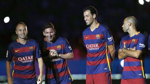 Los capitanes del Bar&ccedil;a, juntos antes del Gamper