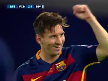 Leo Messi celebra su segundo gol frente al Sevilla Leo Messi celebra su segundo gol frente al Sevilla