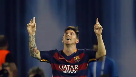 El delantero argentino del FC Barcelona Lionel Messi celebra su tanto El delantero argentino del FC Barcelona Lionel Messi celebra su tanto