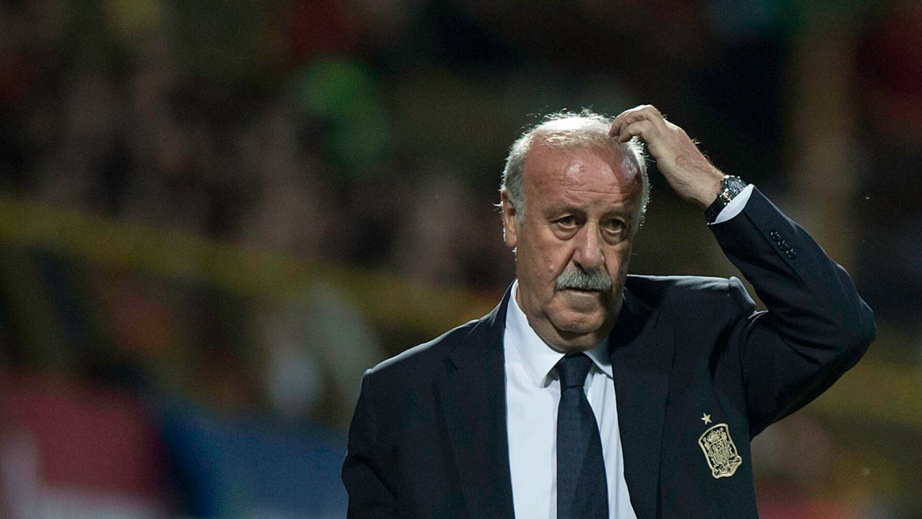 Vicente del Bosque, pensativo en un partido con la selecci&oacute;n espa&ntilde;ola de f&uacute;tbol