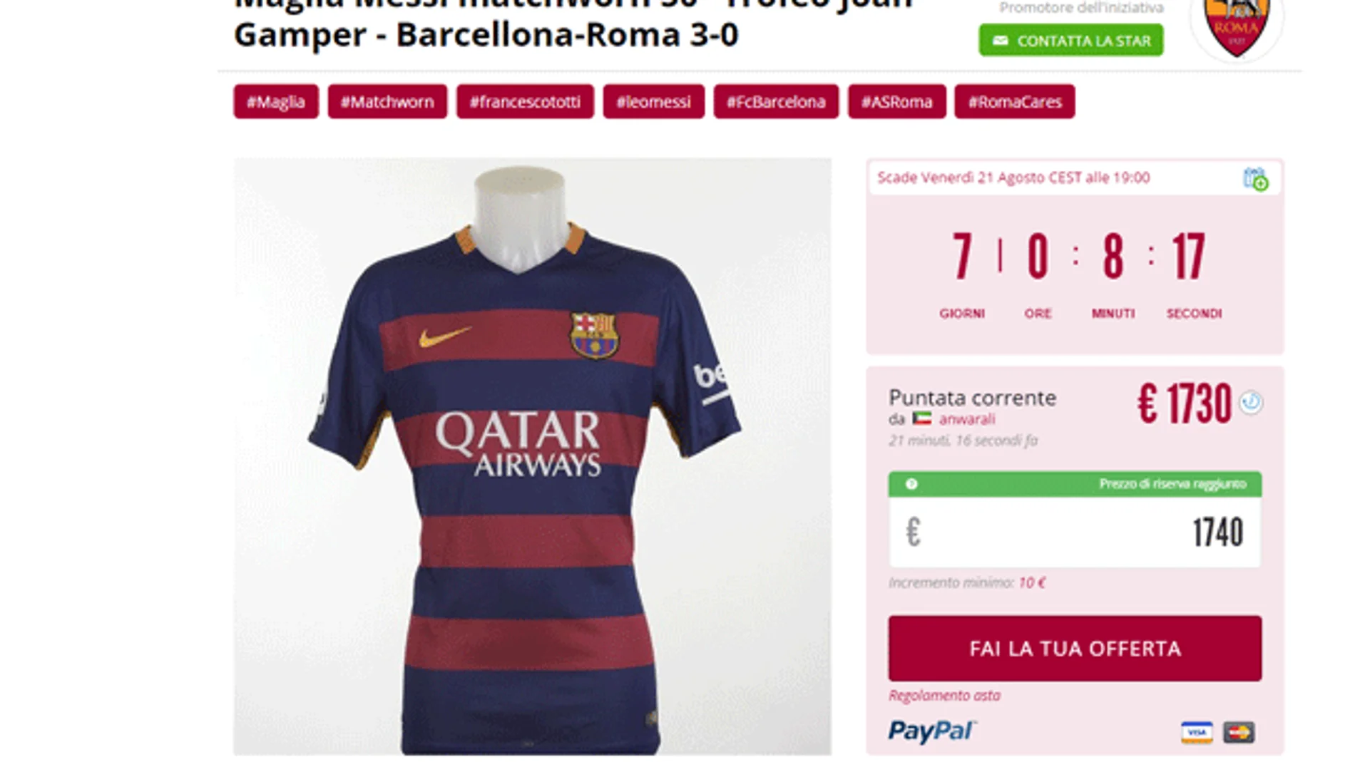 La Roma subasta la camiseta que Messi dio a Totti La Roma subasta la camiseta que Messi dio a Totti