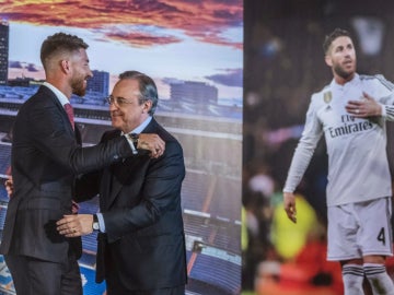 Sergio Ramos y Florentino Pérez se abrazan durante el acto de la renovación del central