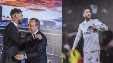 Sergio Ramos y Florentino P&eacute;rez se abrazan durante el acto de la renovaci&oacute;n del central