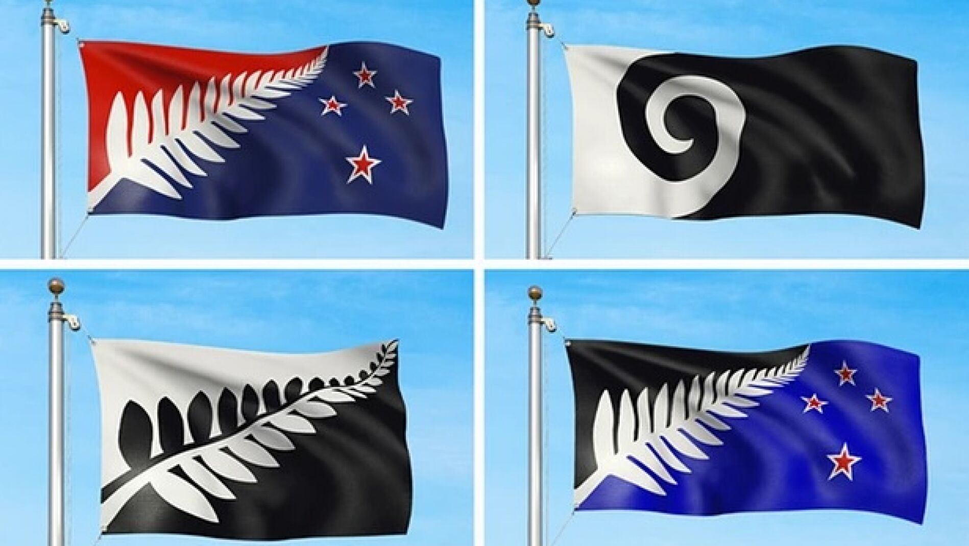 Las cuatro propuestas para cambiar la bandera actual de Nueva Zelanda.
