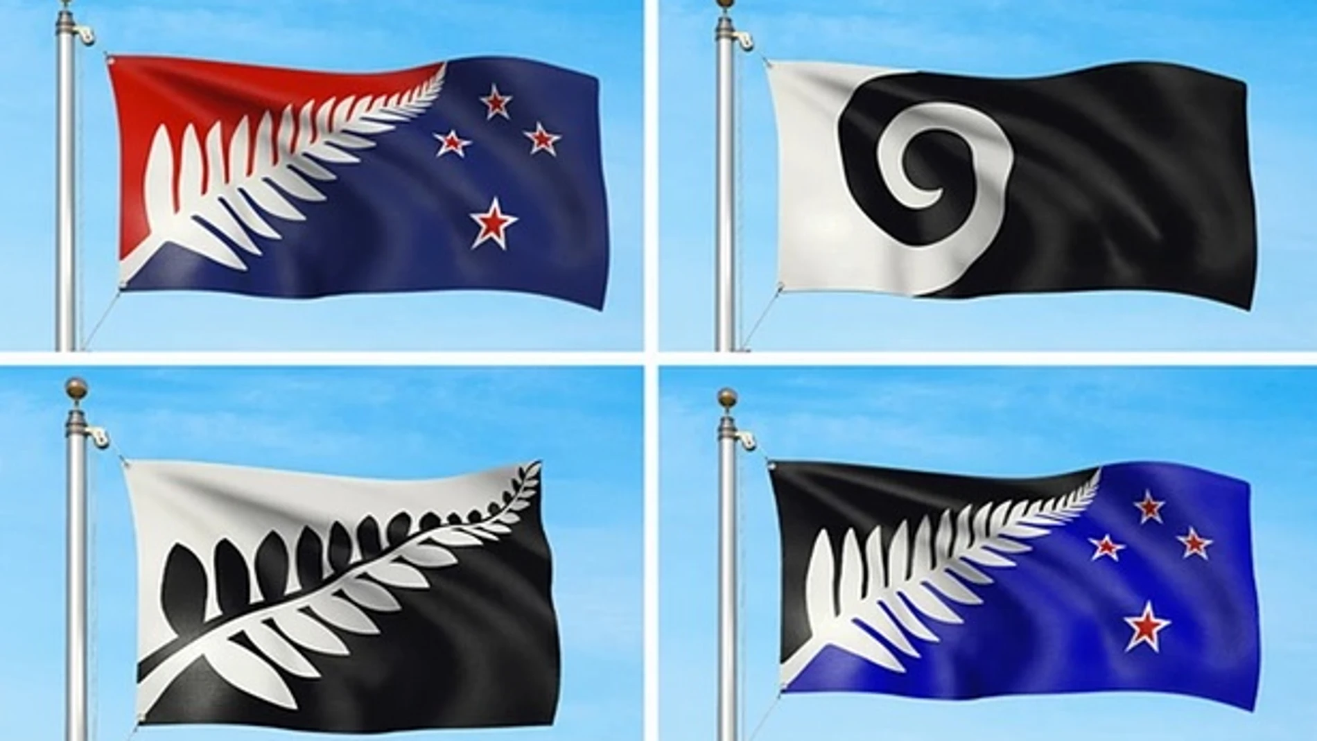 Las cuatro propuestas para cambiar la bandera actual de Nueva Zelanda. Las cuatro propuestas para cambiar la bandera actual de Nueva Zelanda.