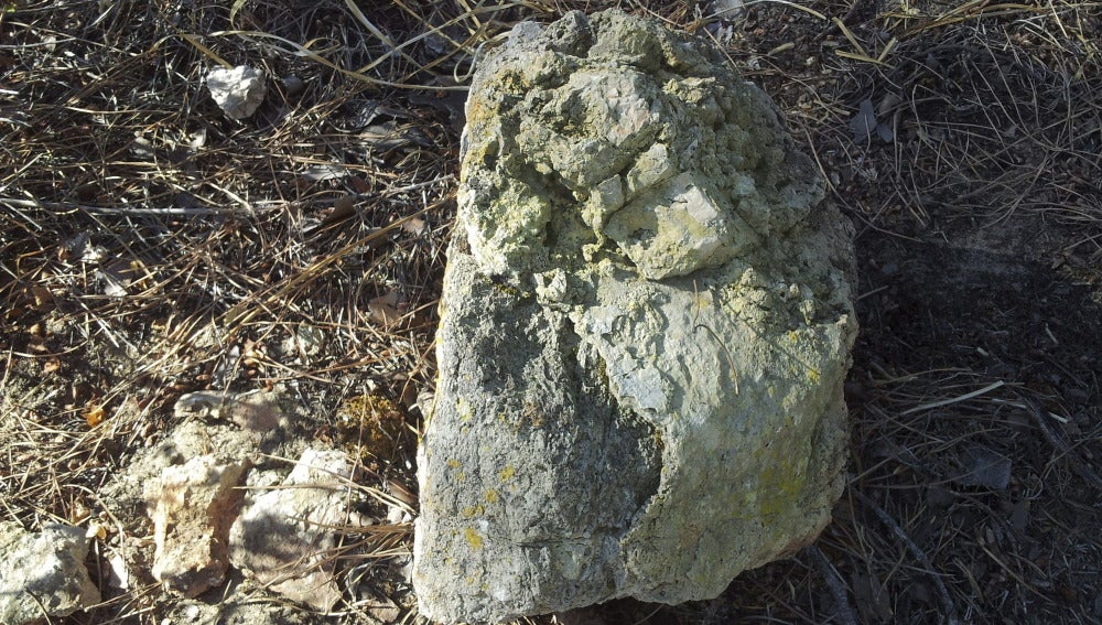 Sillar con argamasa adherida de gran antigüedad, en el pinar de La Algaida, en Sanlúcar de Barrameda, Cádiz