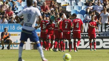 Los jugadores de Osasuna celebran su victoria ante el Zaragoza