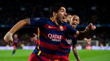 Luis Suárez celebra su gol contra el Leverkusen