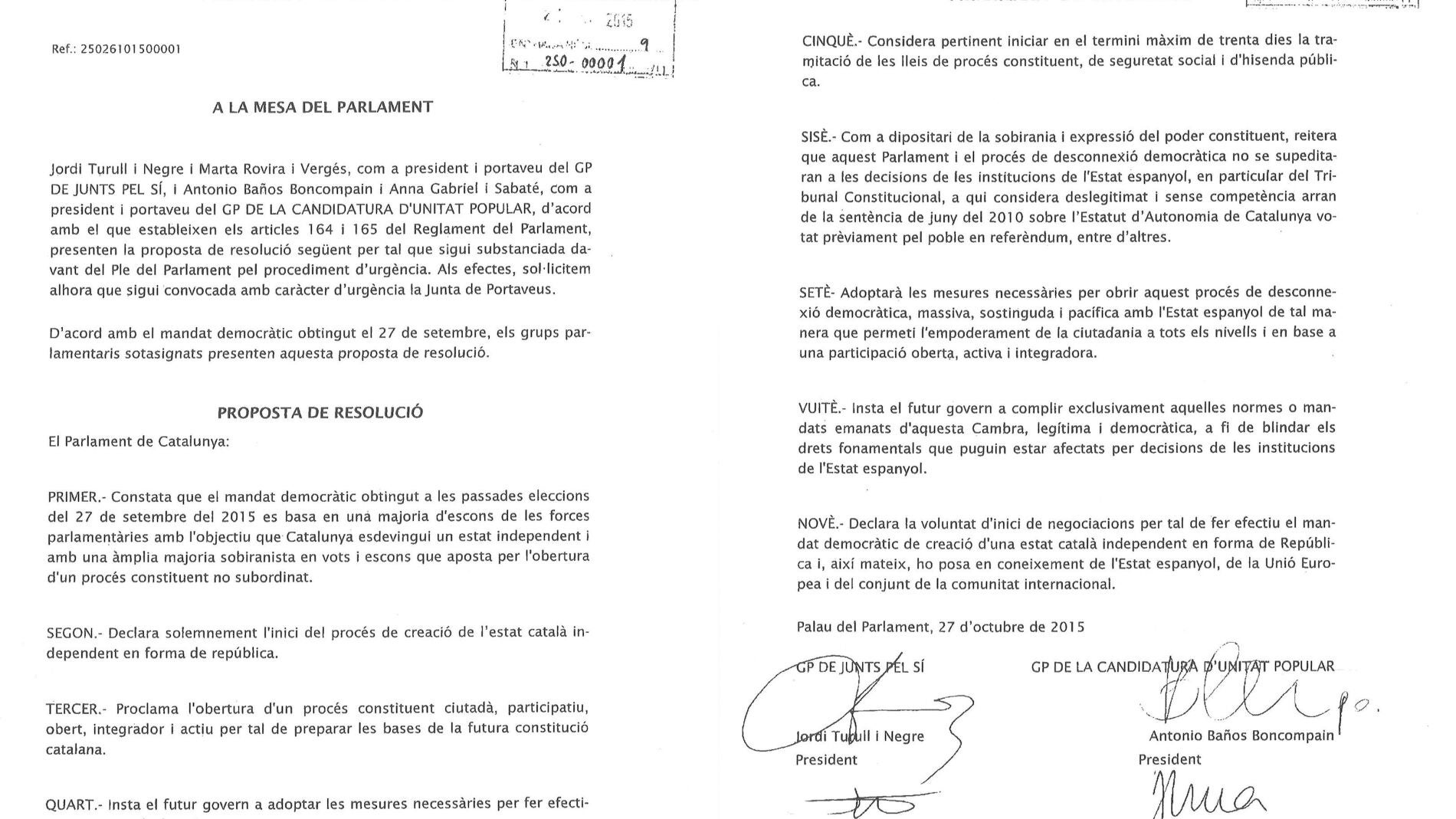 Propuesta de resoluci&oacute;n de Junts pel S&iacute; y la CUP para una "rep&uacute;blica catalana"