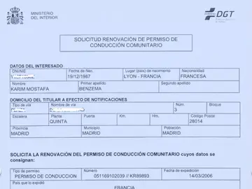 Dcoumento de renovación del carnet de conducir de Benzema Dcoumento de renovación del carnet de conducir de Benzema