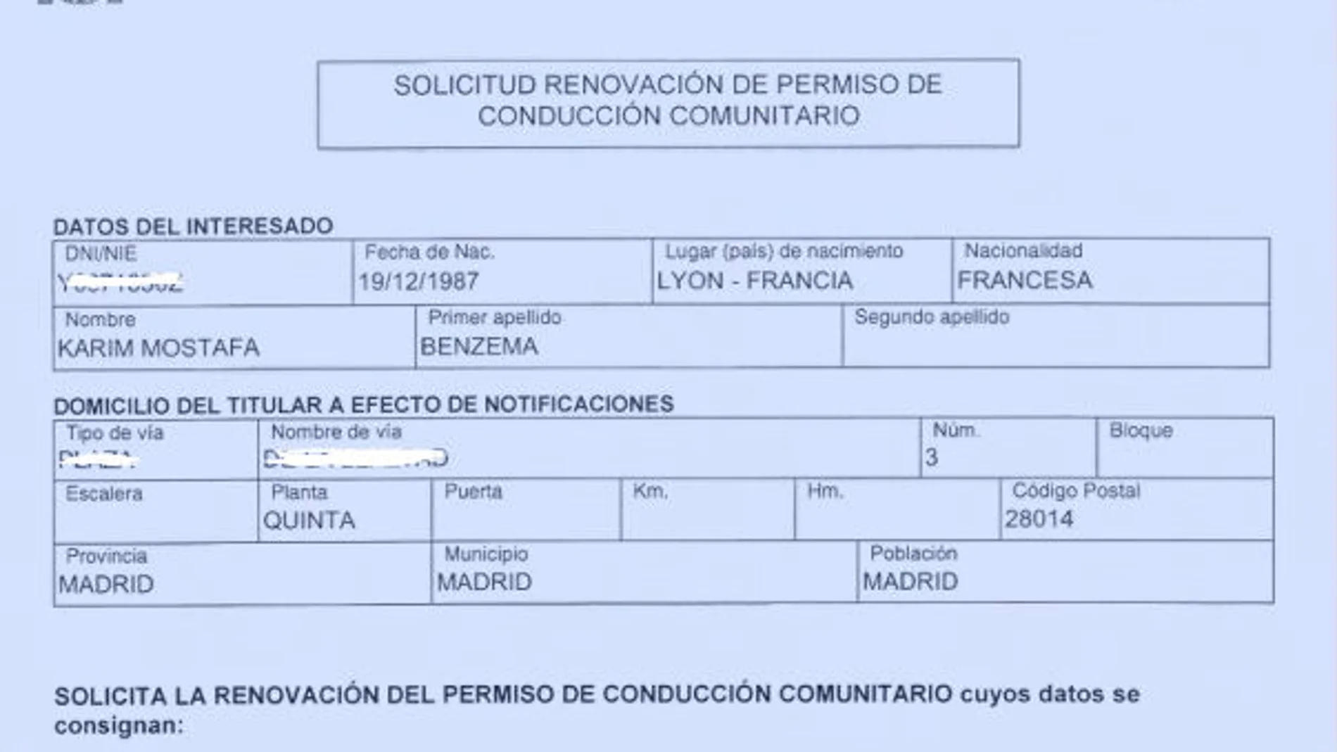 Dcoumento de renovación del carnet de conducir de Benzema Dcoumento de renovación del carnet de conducir de Benzema