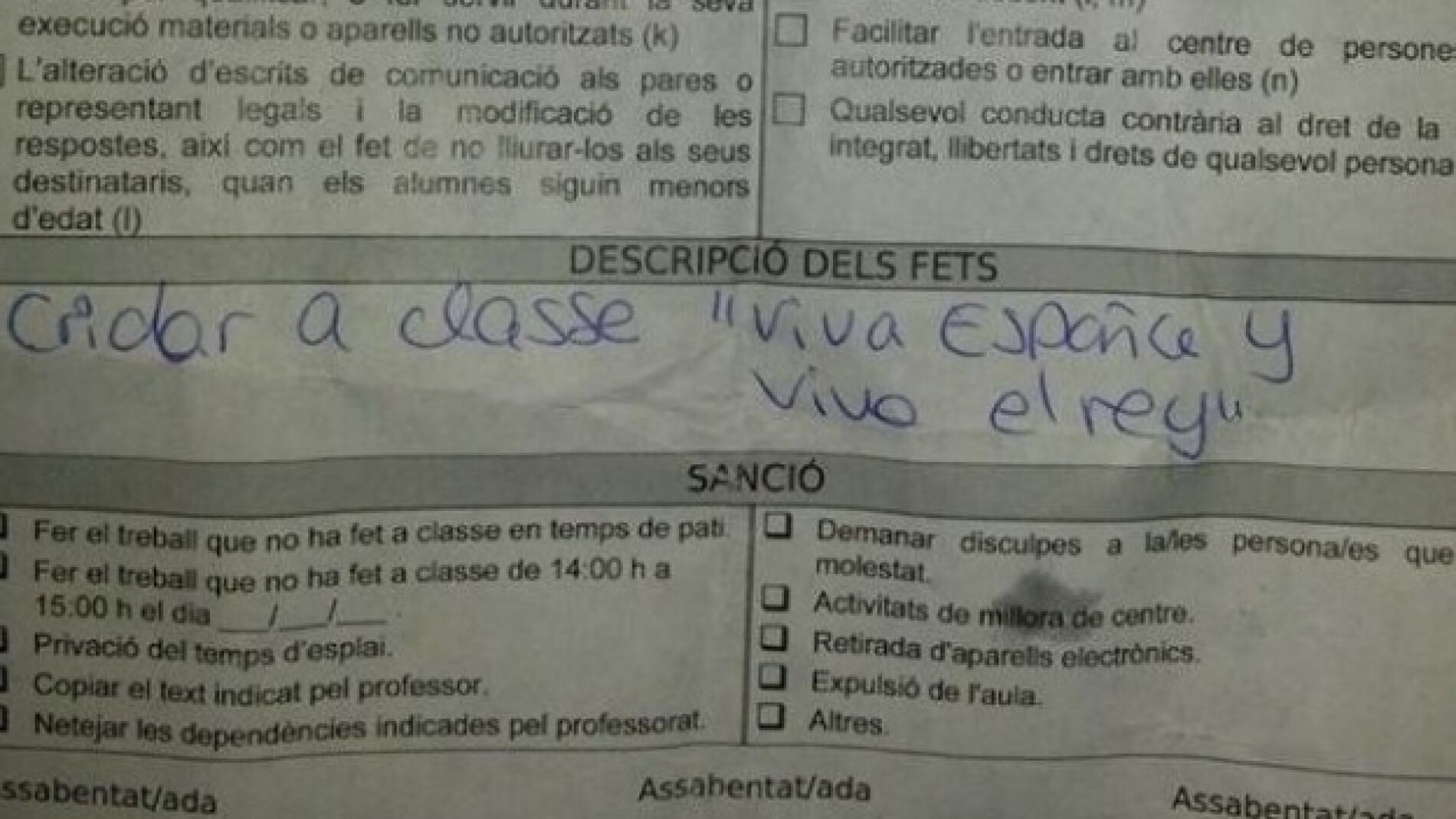 Imagen del parte de amonestaciones que ha producido la pol&eacute;mica