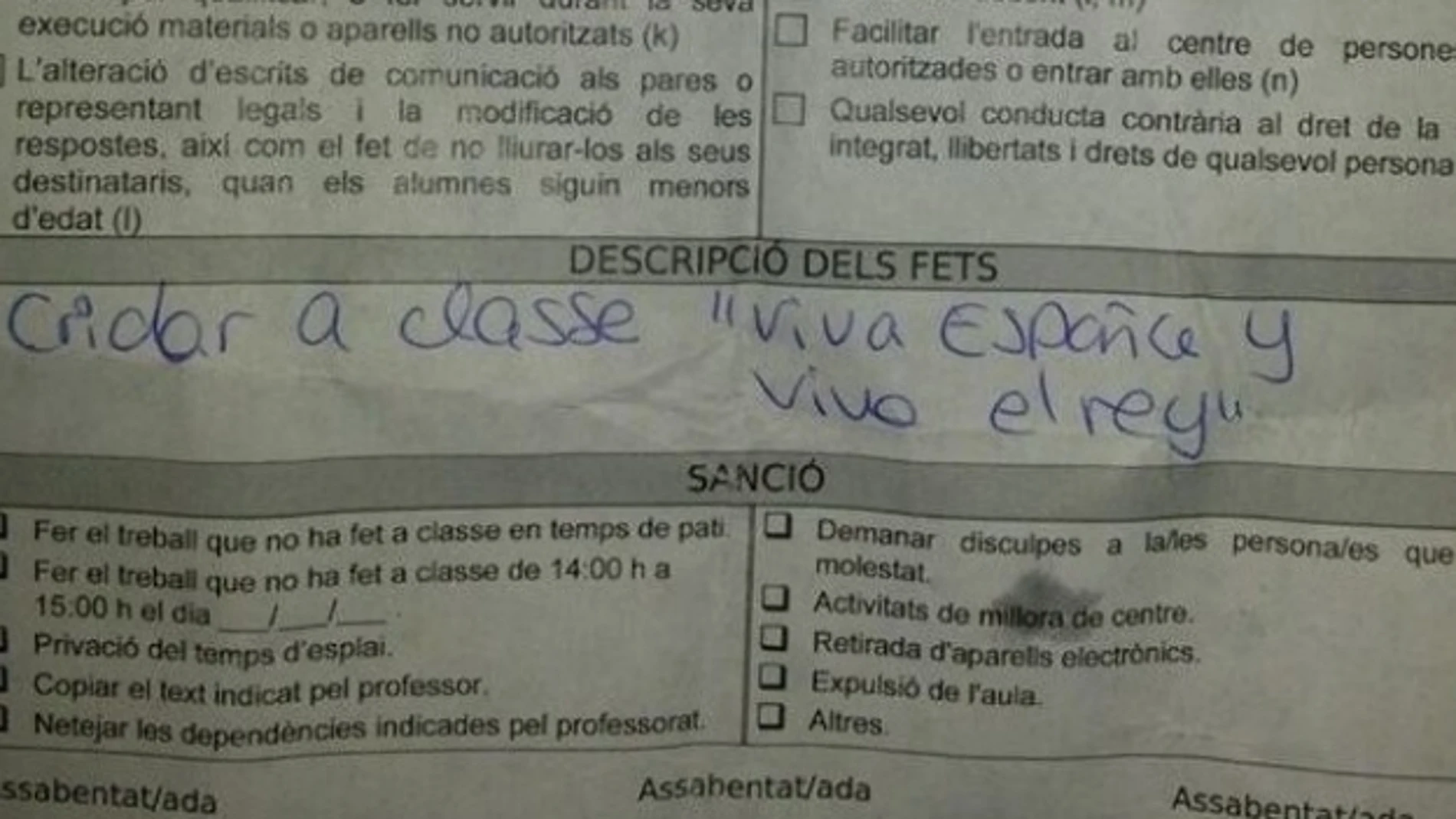 Imagen del parte de amonestaciones que ha producido la polémica Imagen del parte de amonestaciones que ha producido la polémica
