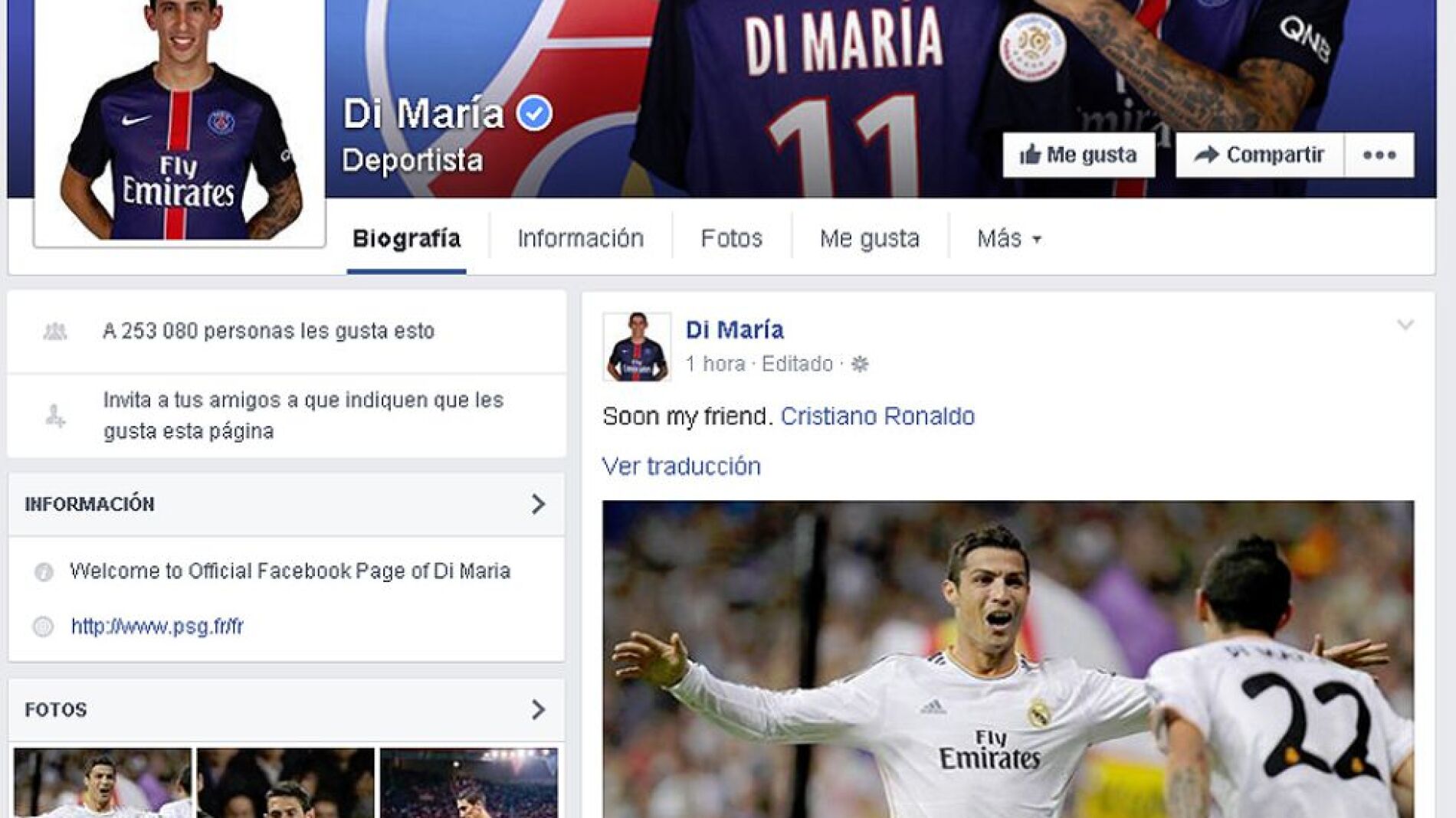 Di Mar&iacute;a, a Cristiano: "Nos vemos pronto, amigo"