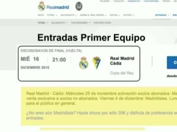 La página web del Real Madrid, con las entradas del Real Madrid - Cádiz