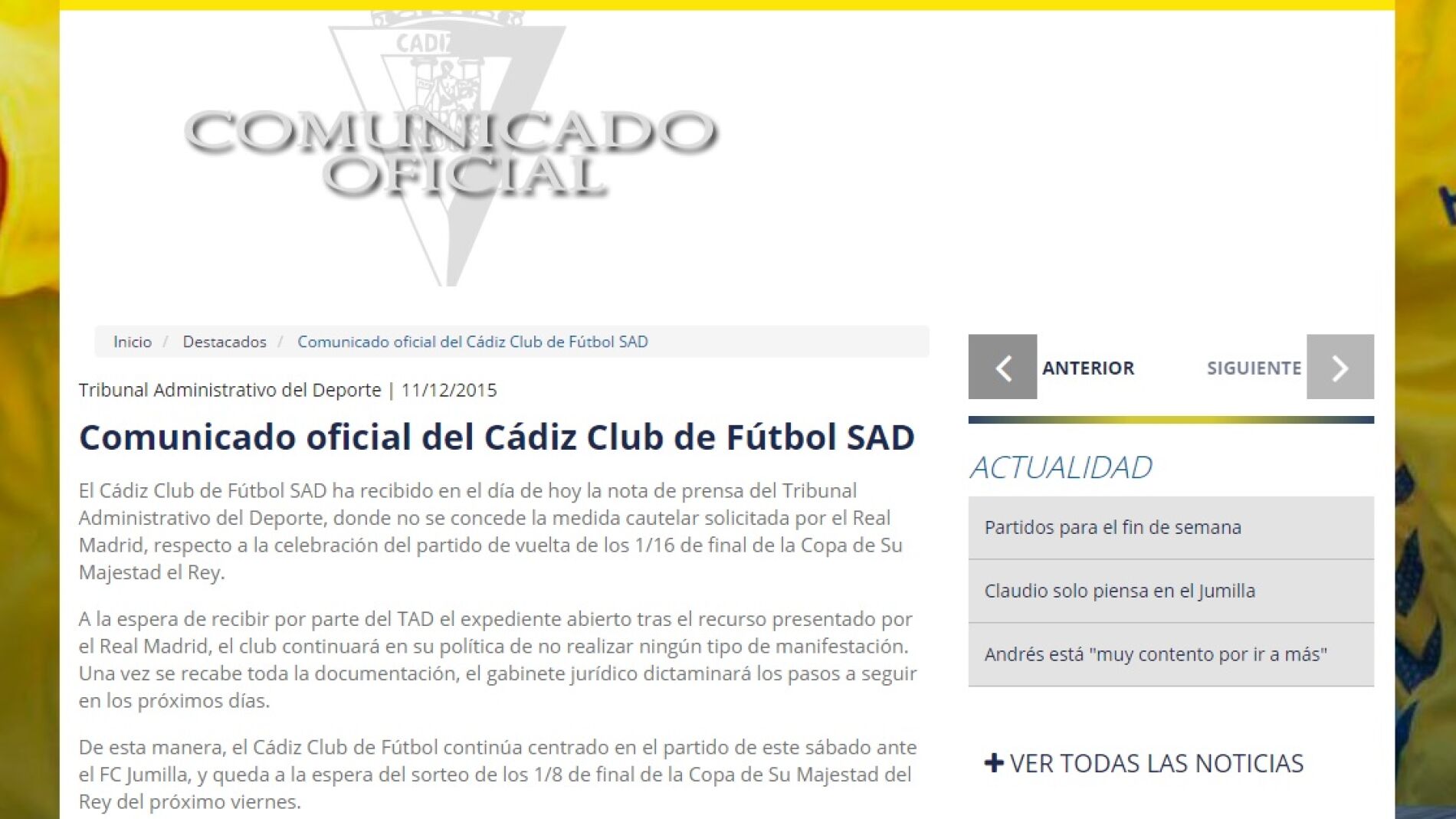 Comunicado oficial del C&aacute;diz CF