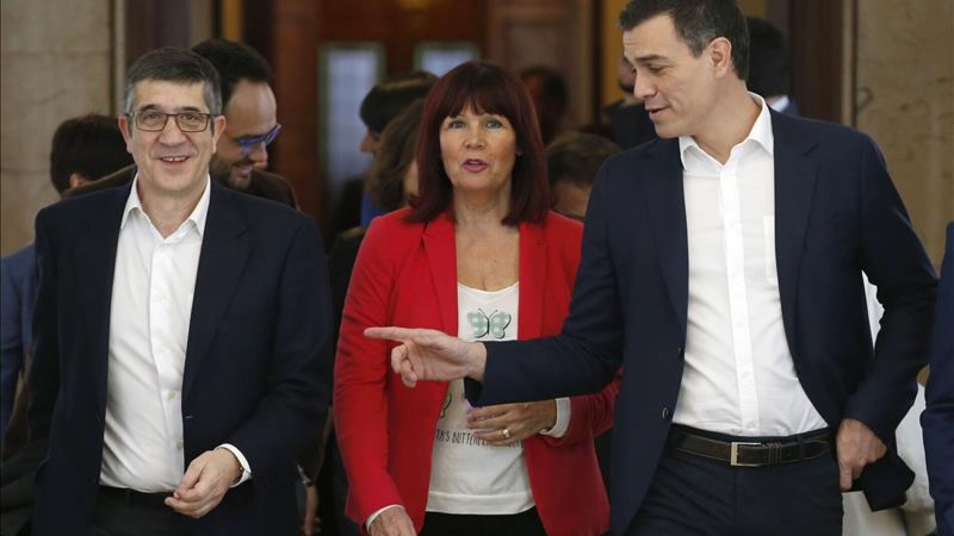 Pedro S&aacute;nchez, Micaela Navarro y Patxi L&oacute;pez (PSOE)