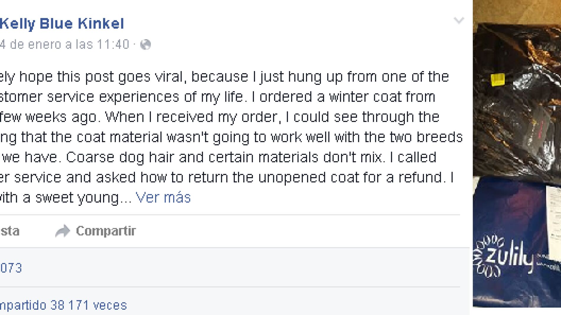Post publicado en Facebook por la clienta