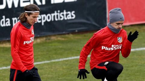 Griezmann y Filipe, en un entrenamiento con el Atl&eacute;tico de Madrid