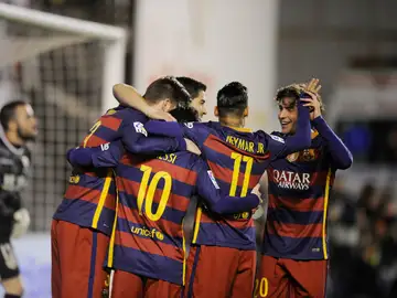 Los jugadores del Barcelona celebran un gol en Vallecas Los jugadores del Barcelona celebran un gol en Vallecas
