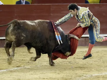 El torero Cayetano Rivera, durante la faena a su segundo toro. El torero Cayetano Rivera, durante la faena a su segundo toro.