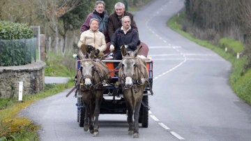 Los cuatro jubilados en el carro de mulas