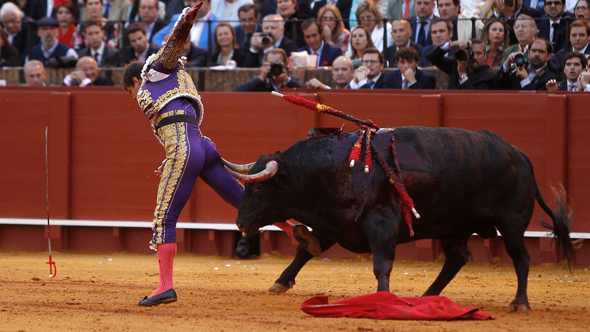  El matador de toros Julián Lopez 'El Juli' recibe una cornada de su quinto toro
