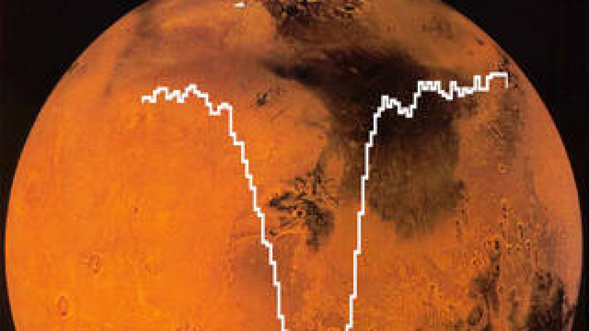 Espectro del ox&iacute;geno superpuesto sobre una imagen de Marte