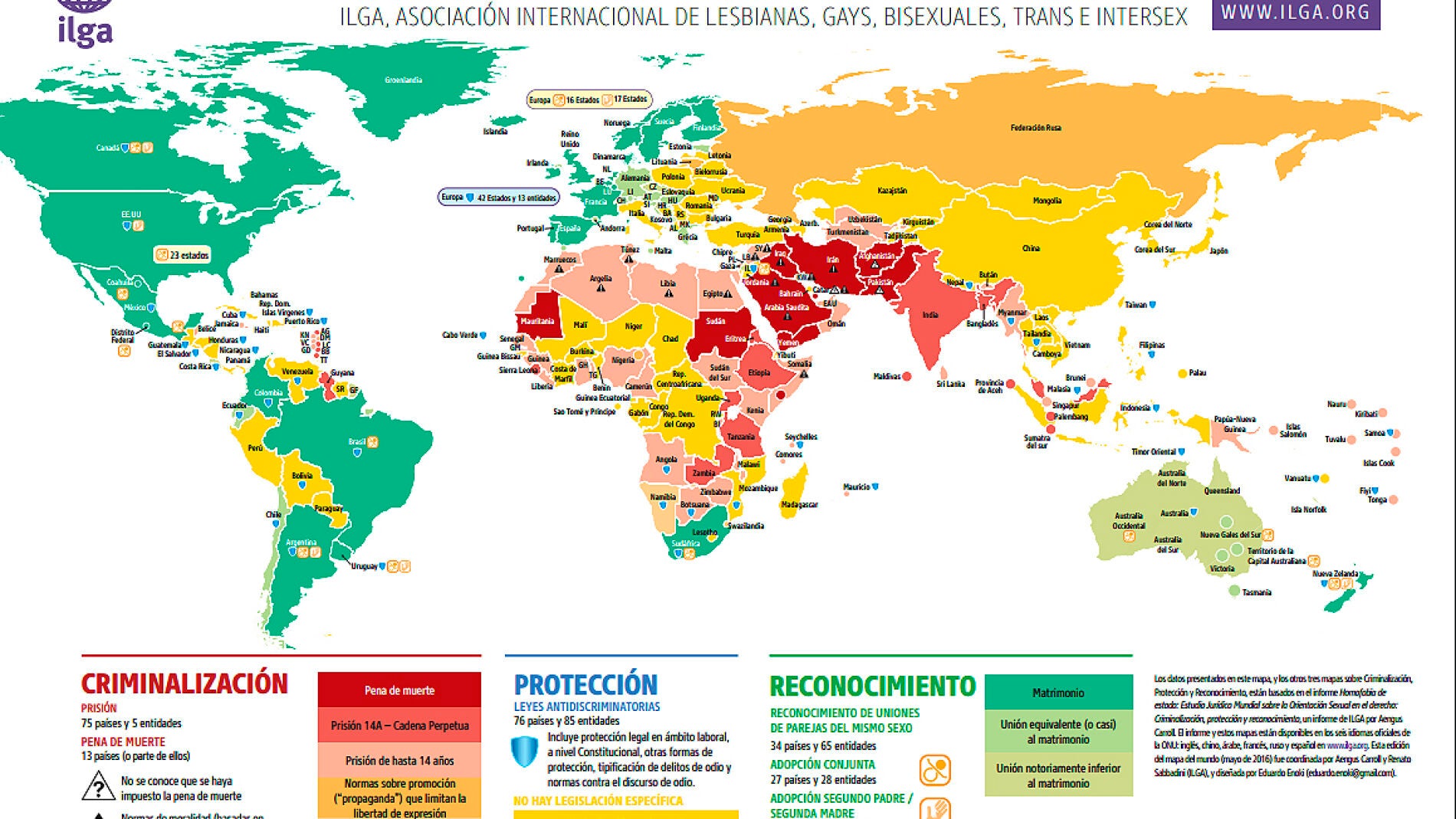 Mapa sobre leyes de orientaci&oacute;n sexual en el mundo.