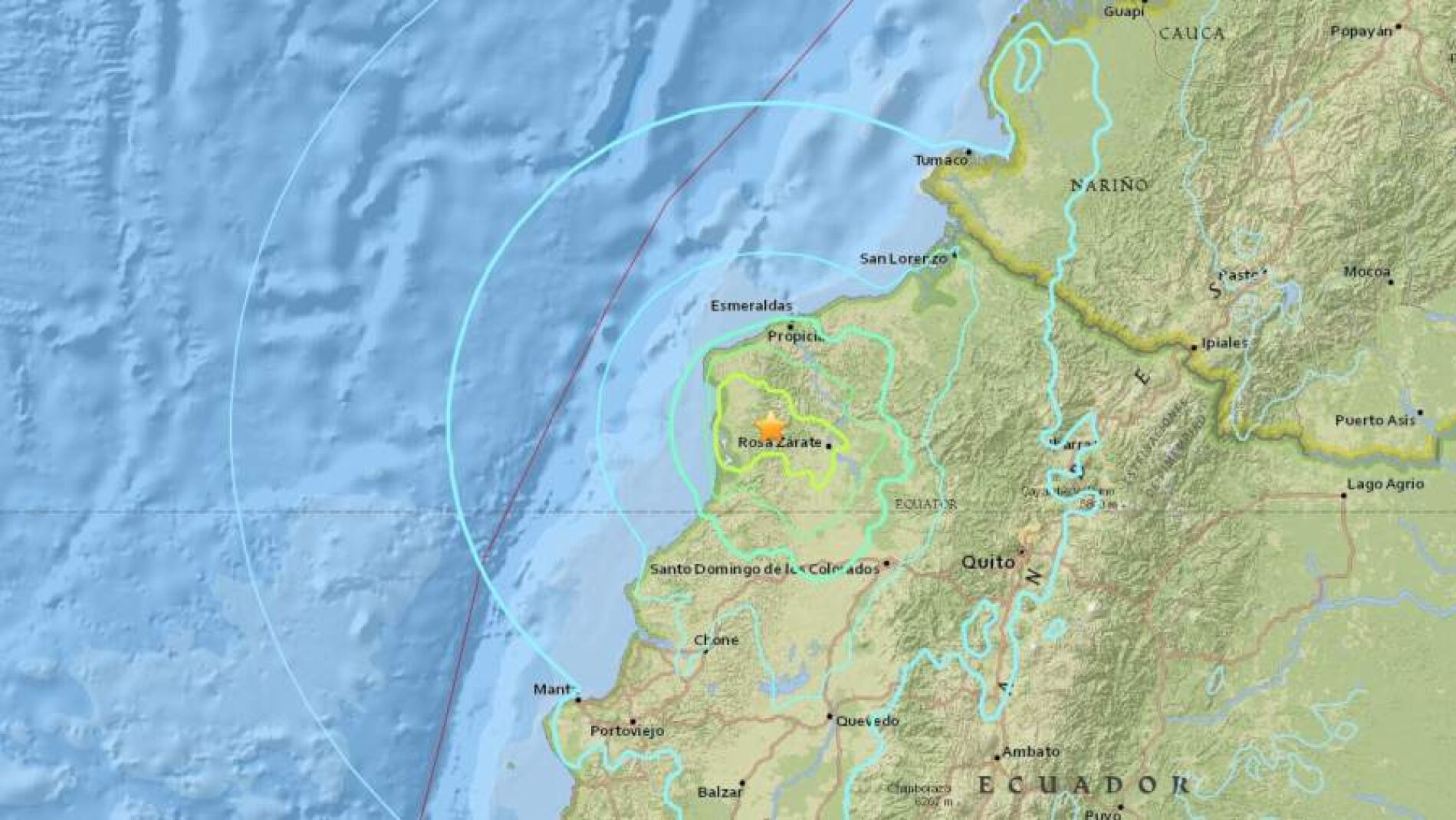 Epicentro del nuevo terremoto de 6,7 grados que ha sacudido Ecuador.