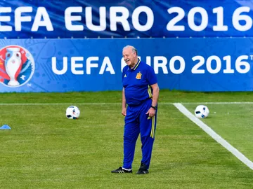 Vicente del Bosque, durante un entrenamiento de España Vicente del Bosque, durante un entrenamiento de España