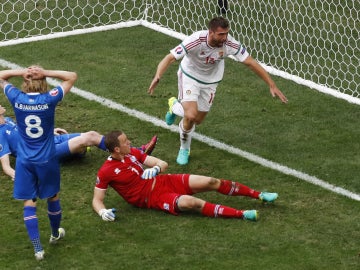 Hungría celebra un gol ante Islandia
