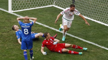 Hungría celebra un gol ante Islandia