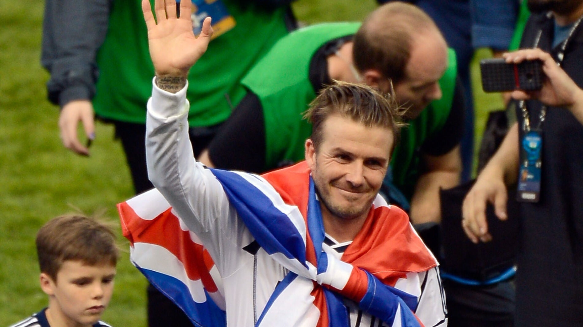 David Beckham, en su etapa en los Galaxy, con la bandera de Gran Breta&ntilde;a