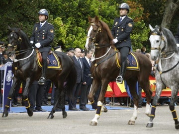 El ministro del Interior, Jorge Fernández Díaz (c, detrás), preside un desfile durante el homenaje que la Policía Nacional ha rendido a la Fiesta Nacional