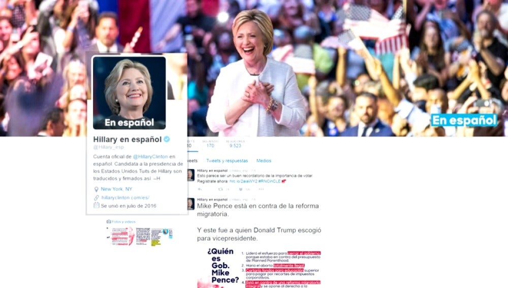 Frame 2.542191 de: Hillary Clinton busca el voto latino abriendo una cuenta en español en Twitter