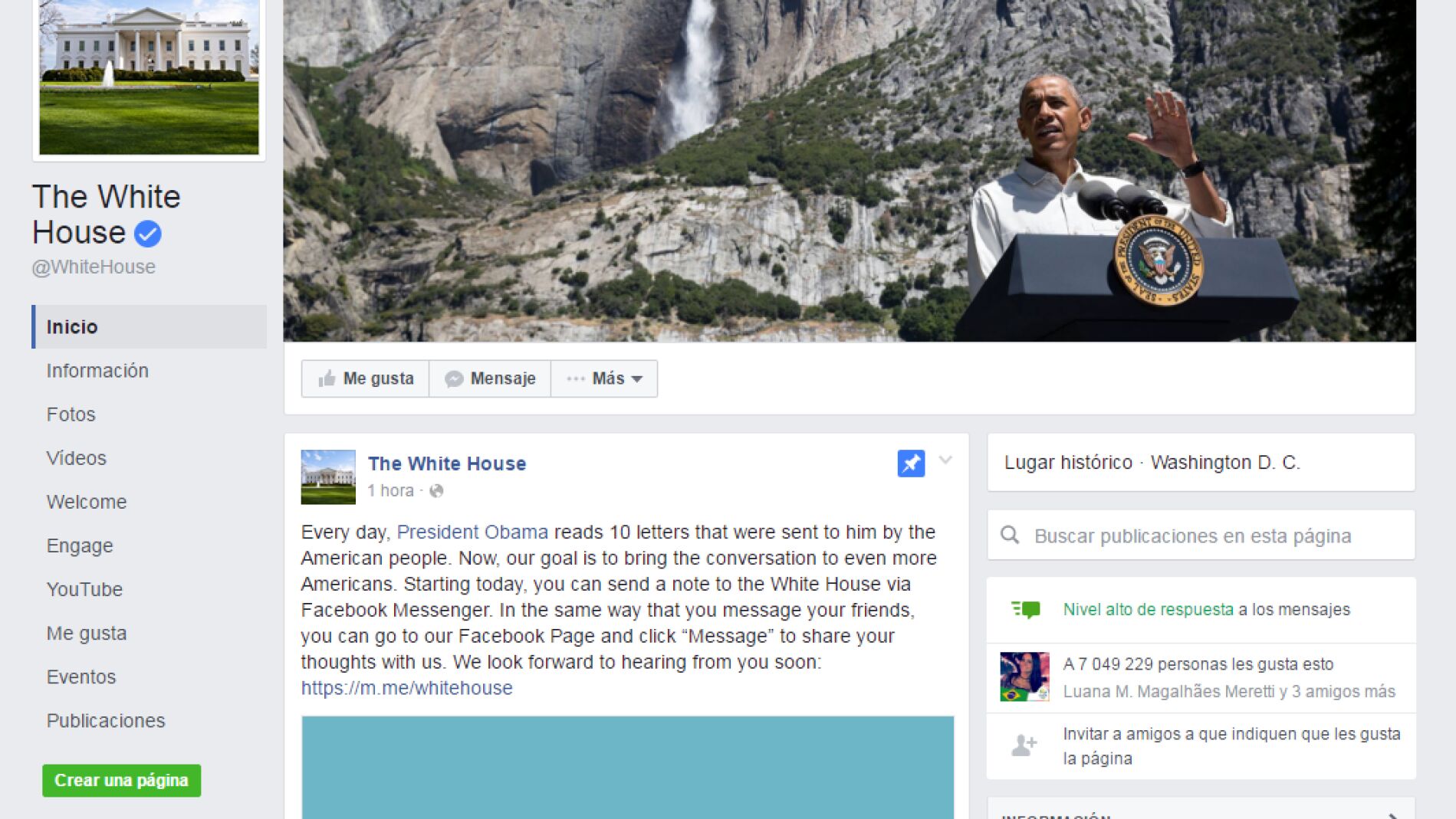 P&aacute;gina de la Casa Blanca en Facebook