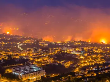 Vista general de un incendio forestal en Funchal, Isla Madeira, Portugal Vista general de un incendio forestal en Funchal, Isla Madeira, Portugal