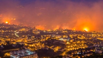 Vista general de un incendio forestal en Funchal, Isla Madeira, Portugal