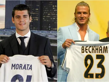 Morata y Beckham en sus presentaciones con el Real Madrid. Morata y Beckham en sus presentaciones con el Real Madrid.