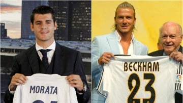 Morata y Beckham en sus presentaciones con el Real Madrid.