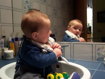 Un bebé con un cepillo de dientes Un bebé con un cepillo de dientes
