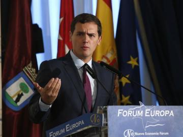 El presidente de Ciudadanos, Albert Rivera, durante su participación esta mañana en un desayuno informativo 