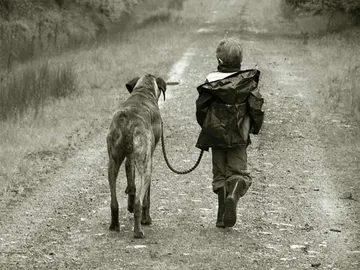Niño paseando por un perro Niño paseando por un perro