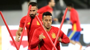 Thiago, durante el último entrenamiento de España