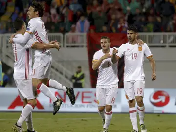 Los jugadores de España celebran el gol de Diego Costa ante Albania Los jugadores de España celebran el gol de Diego Costa ante Albania