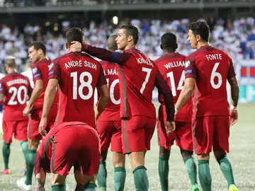 Cristiano Ronaldo y André Silva celebran un gol ante las Islas Feroe Cristiano Ronaldo y André Silva celebran un gol ante las Islas Feroe